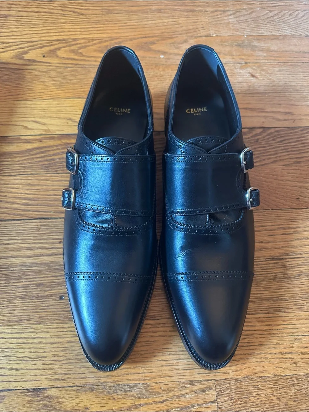 Celine Black Leather Double Monk Strap Oxfords